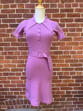 JoosTricot Ribbed Polo Midi Dress with Belt in Lilac Purple